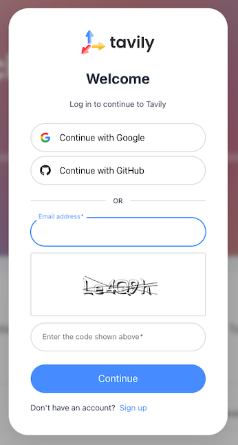 Tavily のログイン画面