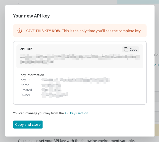 API キーの表示画面